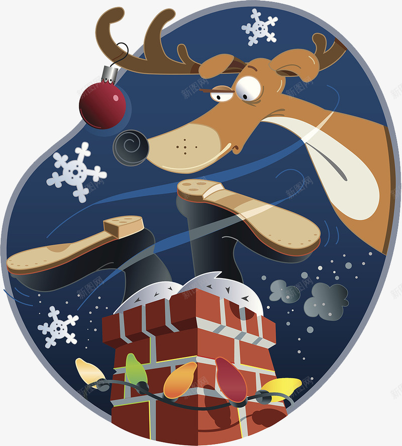 搞笑圣诞卡通漫画png免抠素材_新图网 https://ixintu.com 下雪 促销 圣诞礼物 圣诞老人 圣诞袜子 室外 寒冷 幽默漫画 广告设计 海报设计 烟囱 雪花 麋鹿