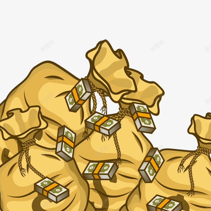 一堆钱png免抠素材_新图网 https://ixintu.com 手绘 钞票 钱袋子 黄色