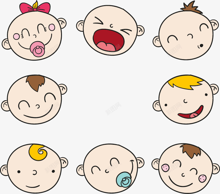 8个婴儿表情包矢量图eps免抠素材_新图网 https://ixintu.com 大笑 婴儿表情 开心 矢量素材 裹奶嘴 矢量图