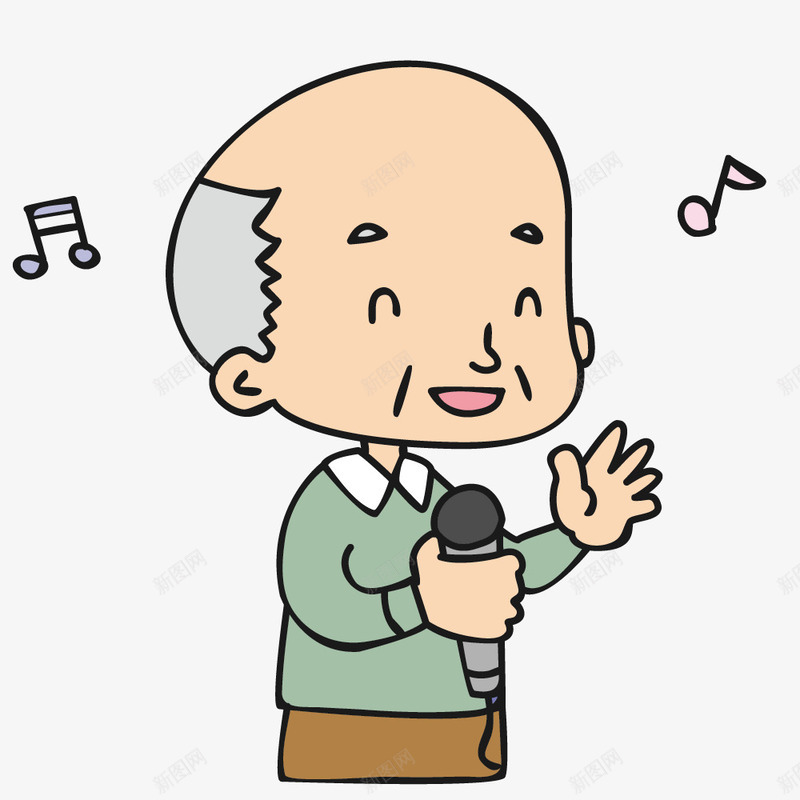 唱歌的秃顶老头卡通图png免抠素材_新图网 https://ixintu.com 人物 卡通 开心的 白发老头 秃顶 话筒 音符