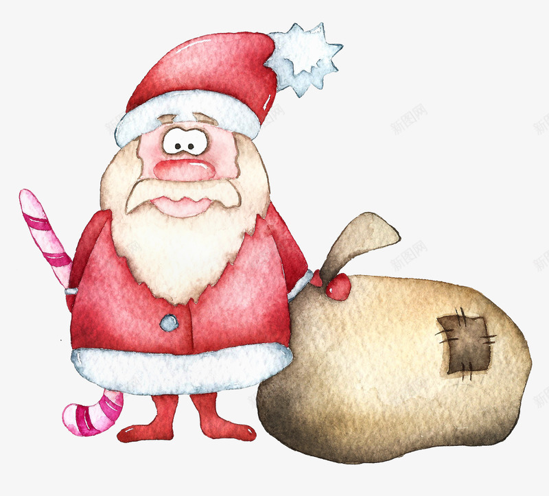 手绘可爱的圣诞老人png免抠素材_新图网 https://ixintu.com 包袱 包裹 卡通手绘 圣诞老人 圣诞节 帽子 拐杖 水彩 红色