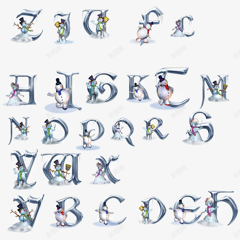 26个金属字母带圣诞小人png免抠素材_新图网 https://ixintu.com 卡通 圣诞 字母 金属艺术字