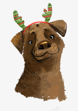 小狗圣诞手绘圣诞鹿角小狗高清图片