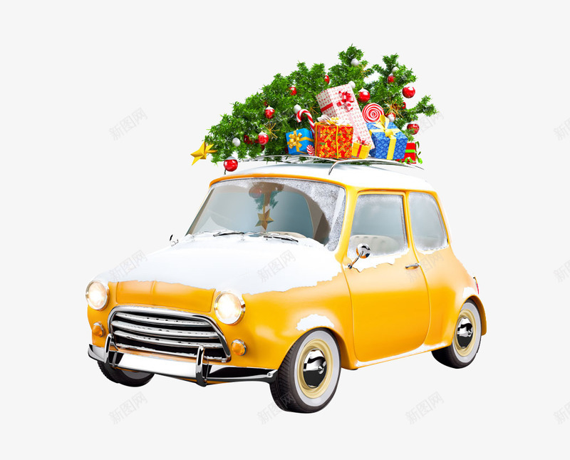 圣诞礼物车子png免抠素材_新图网 https://ixintu.com 圣物礼物车子 圣诞树 圣诞礼物 雪车 雪轮胎 黄色圣诞车