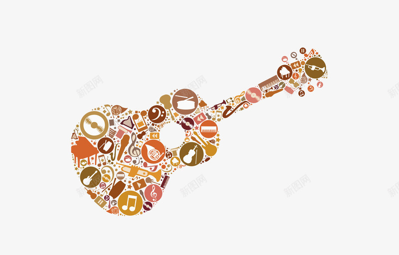 棕色吉他png免抠素材_新图网 https://ixintu.com 乐器 云朵 创意 吉他 手绘 手表 拼接 棕色 音符