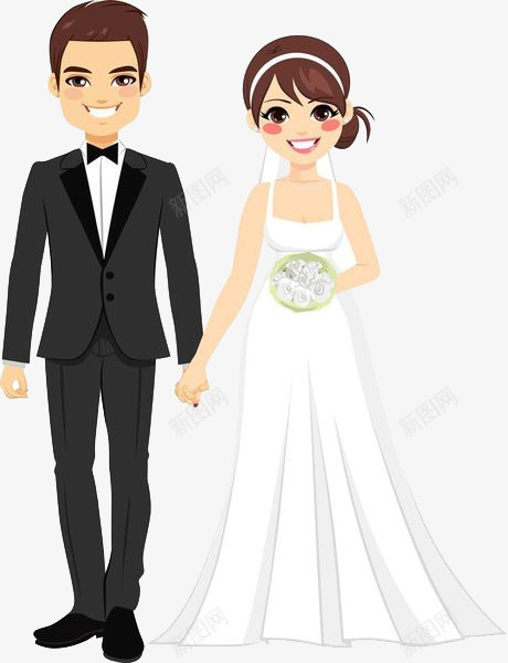 卡通结婚的新人png免抠素材_新图网 https://ixintu.com 卡通 卡通新郎 微笑的新人 新娘 白色的婚纱 结婚的新人