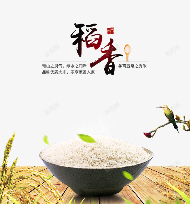 五常大米png免抠素材_新图网 https://ixintu.com 中国风 五常大米 古风 大米 木板 水稻 稻香 粮食