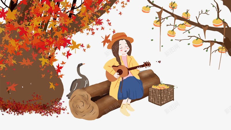 卡通手绘树下弹吉他的女孩psd免抠素材_新图网 https://ixintu.com 卡通 坐着的小朋友 手绘 木头上坐着的女孩 柿子树 树下弹吉他的女孩 鹅装饰