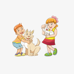 女孩抱小熊卡通抱着小狗小猫的小男孩和小女高清图片