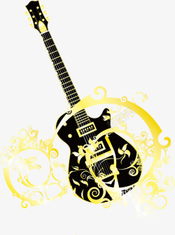 吉他和金色花纹矢量图素材