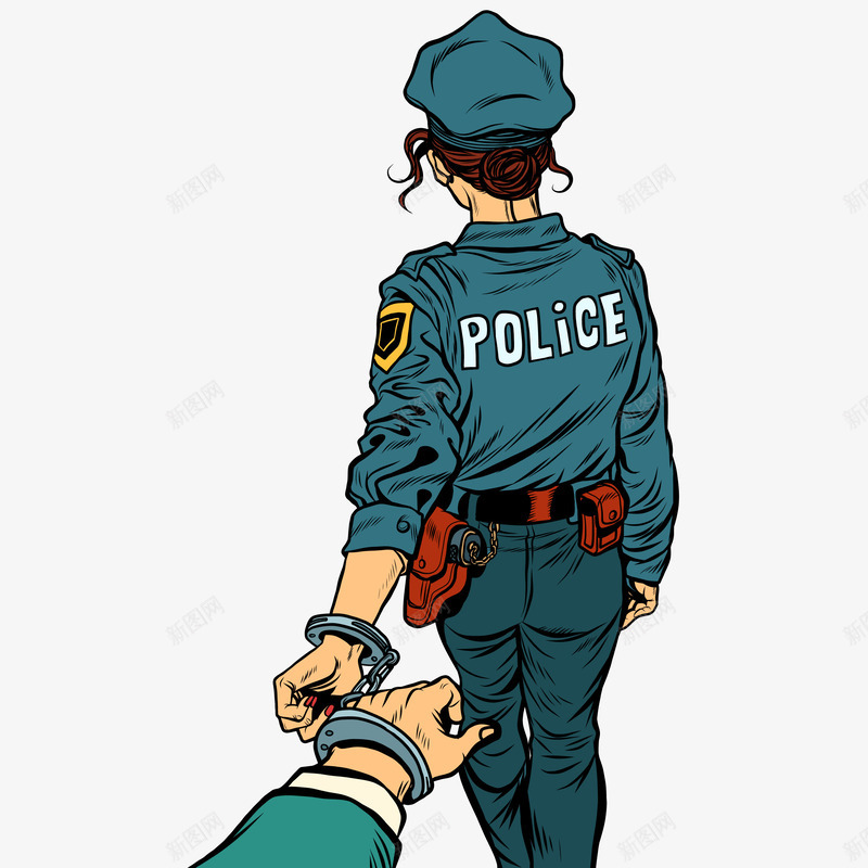 女警背影png免抠素材_新图网 https://ixintu.com 卡通 女人 帽子 手铐 简图 蓝色的 衣服 警察