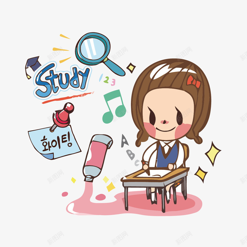 学习的小女孩png免抠素材_新图网 https://ixintu.com 卡通 女孩 字母 课桌 音符