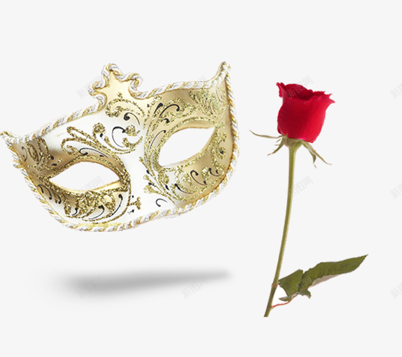 玫瑰和面具png免抠素材_新图网 https://ixintu.com PNG素材 免费PNG素材 免费素材 派对 红色 金色