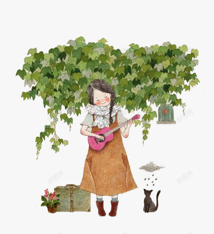 弹吉他的小女孩与猫咪png免抠素材_新图网 https://ixintu.com 吉他 女孩 小猫 树叶