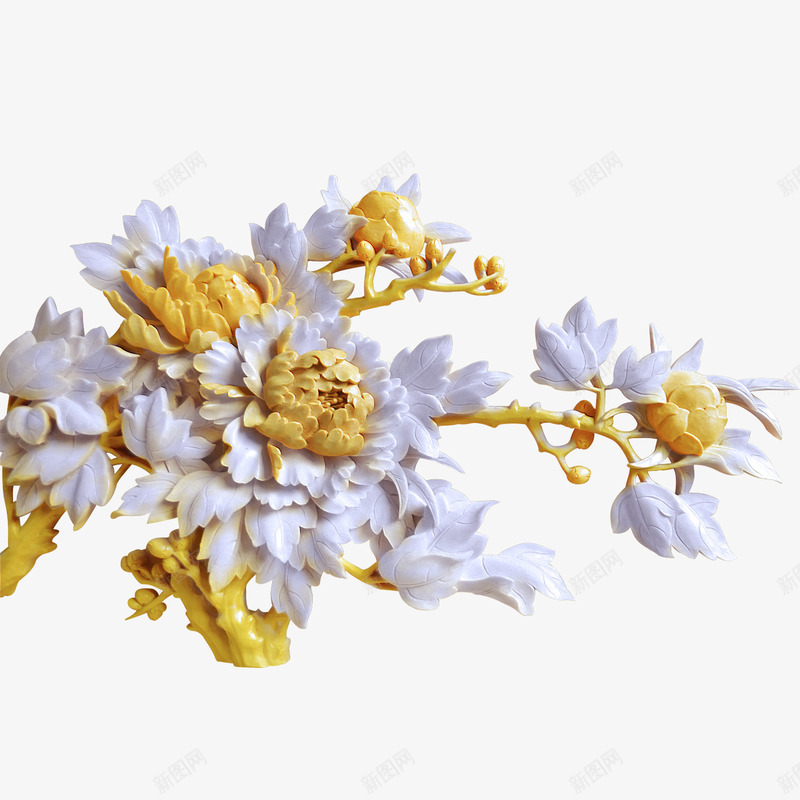 花枝png免抠素材_新图网 https://ixintu.com 中国风 牡丹 白色 花朵 花枝 金色 雕刻