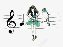 音符鸟弹吉他的女孩高清图片