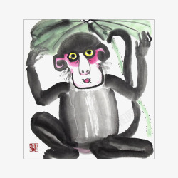 中国风水墨画猴子撑荷叶伞插画免素材