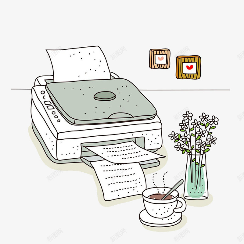 手绘工作台png免抠素材_新图网 https://ixintu.com 咖啡 打印机 盆栽 纸张 虚线 蚂蚁线