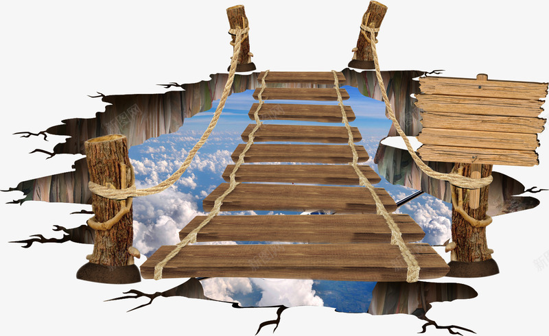 3D桥面png免抠素材_新图网 https://ixintu.com 3D效果 3D桥面 天空 效果 木桥 木牌 桥 绳子 飞机