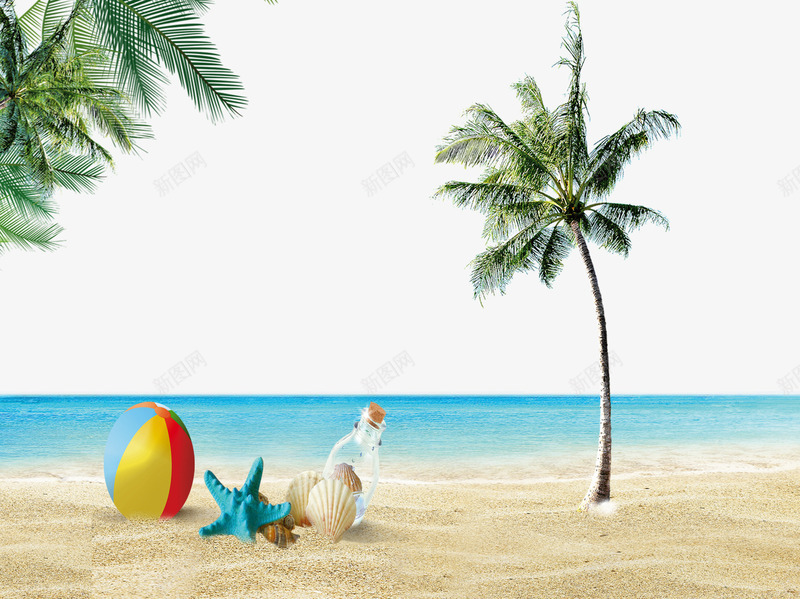 海滩风景png免抠素材_新图网 https://ixintu.com 椰子树 海星 漂流瓶 皮球