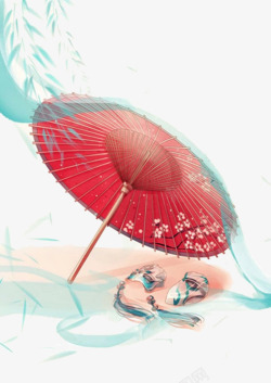 红色伞和桌子水彩手绘中式伞高清图片