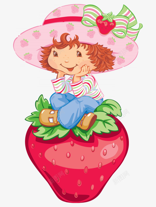坐在草莓上的小女孩png免抠素材_新图网 https://ixintu.com 可爱 小女孩 小清新 彩色 手绘 草莓