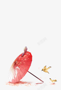 竹伞古风手绘红伞小鸟高清图片