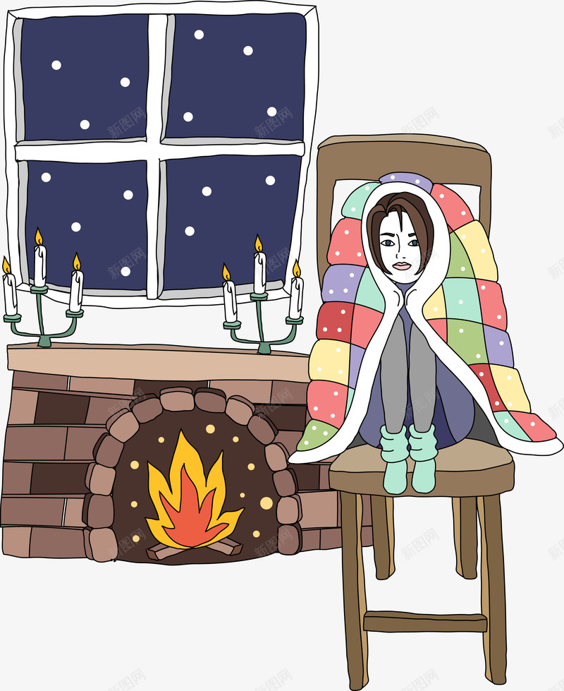 卡通包被子取暖的女孩png免抠素材_新图网 https://ixintu.com 下雪 包被子 卡通 圣诞节 女孩 火堆 火堆元素 烤火 蜡烛 蜷缩在椅子上 被子 雪天