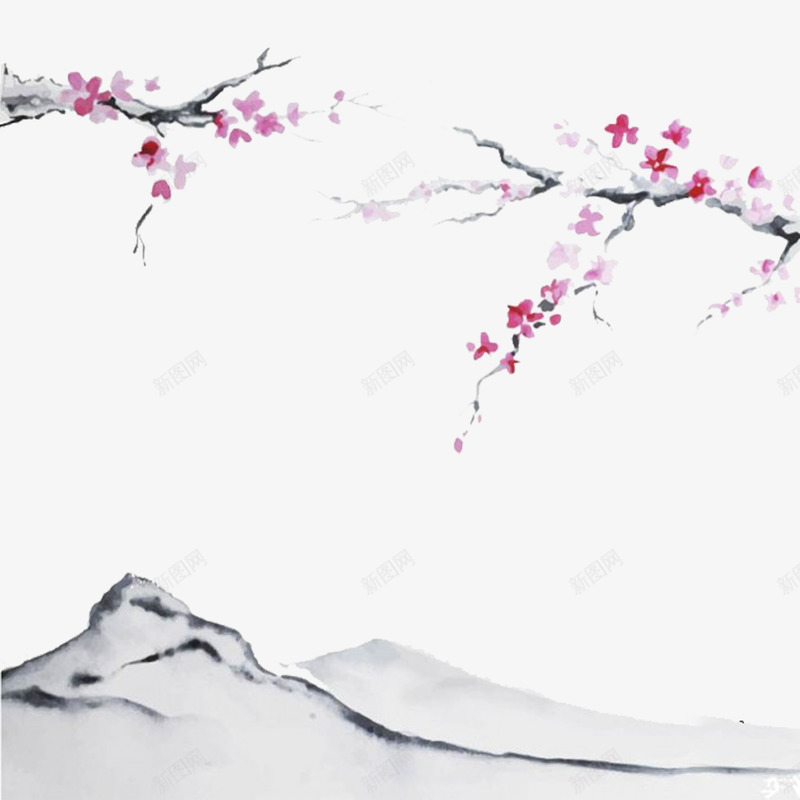 中国风桃花山水png免抠素材_新图网 https://ixintu.com 中国风 古风 山 树枝 桃花 水