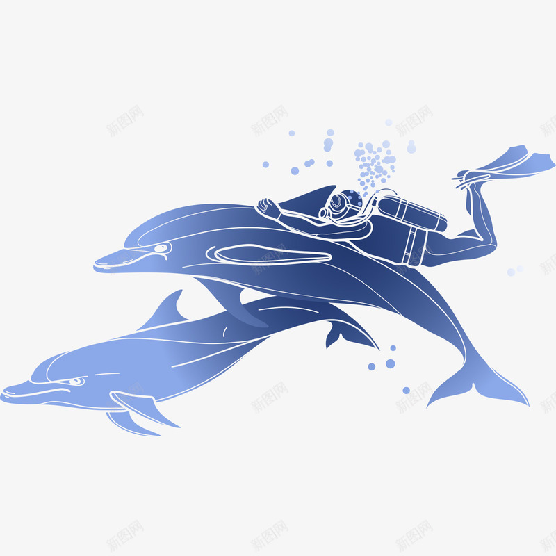 唯美游动的海豚和潜水员矢量图ai免抠素材_新图网 https://ixintu.com 唯美 海洋 海豚 游泳 蓝色 矢量图