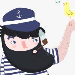船长帽卡通大胡子水手手托着小鸟唱歌插高清图片