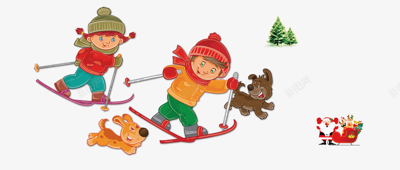 卡通手绘滑雪的孩子psd免抠素材_新图网 https://ixintu.com 两个孩子 两只狗 奔跑的狗狗 小人 手绘滑雪的孩子 滑雪橇 红色的帽子