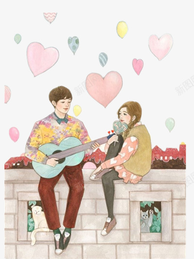 弹吉他的少年png免抠素材_新图网 https://ixintu.com 乐器 情侣 插画 浪漫 爱心 爱情