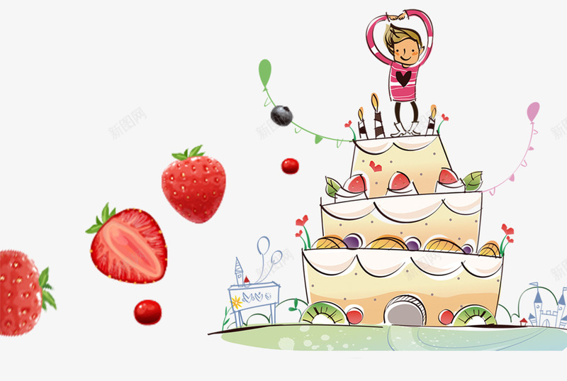卡通生日快乐草莓蛋糕png免抠素材_新图网 https://ixintu.com 卡通人物装饰 卡通甜点 卡通蛋糕 甜点装饰 生日蛋糕 私房蛋糕 草莓手绘