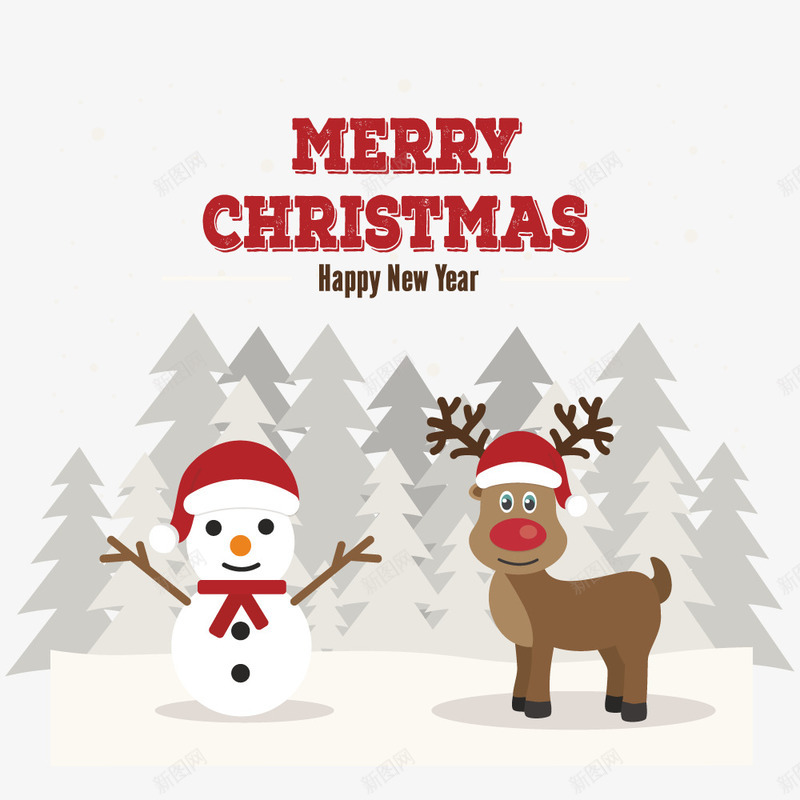 可爱雪人和驯鹿png免抠素材_新图网 https://ixintu.com 圣诞节 雪人 雪景 驯鹿
