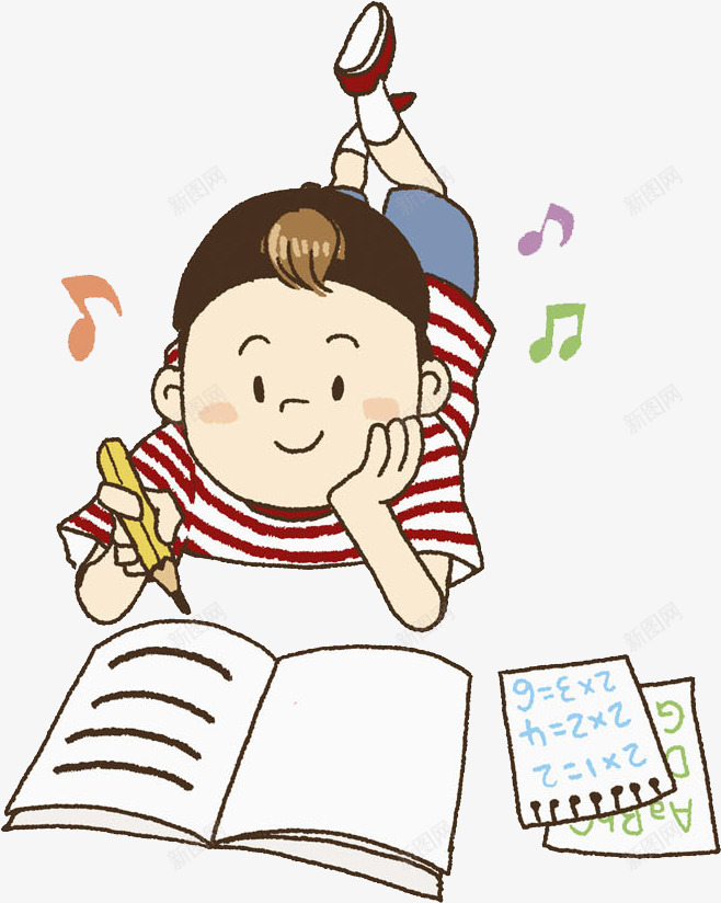 写作业男孩png免抠素材_新图网 https://ixintu.com 可爱 微笑 手绘 男孩 红白条纹 衣服 铅笔 音符