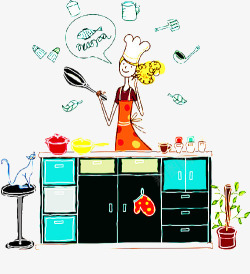 女生做饭手绘女生厨房做饭高清图片