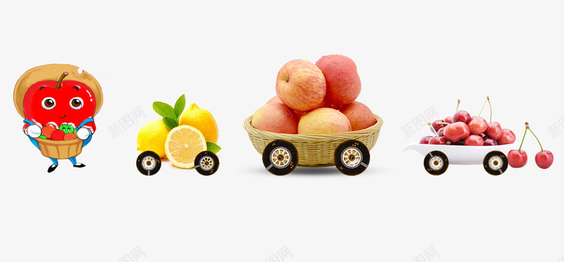 水果搬运工png免抠素材_新图网 https://ixintu.com 卡通水果 柠檬 樱桃 水果 水果搬运工 水果车 苹果