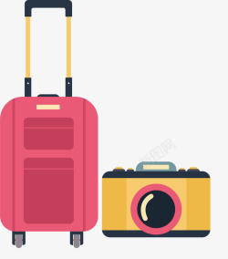 文明出行出游图片下载粉红色拉杆箱相机旅游常备物品小矢量图图标高清图片