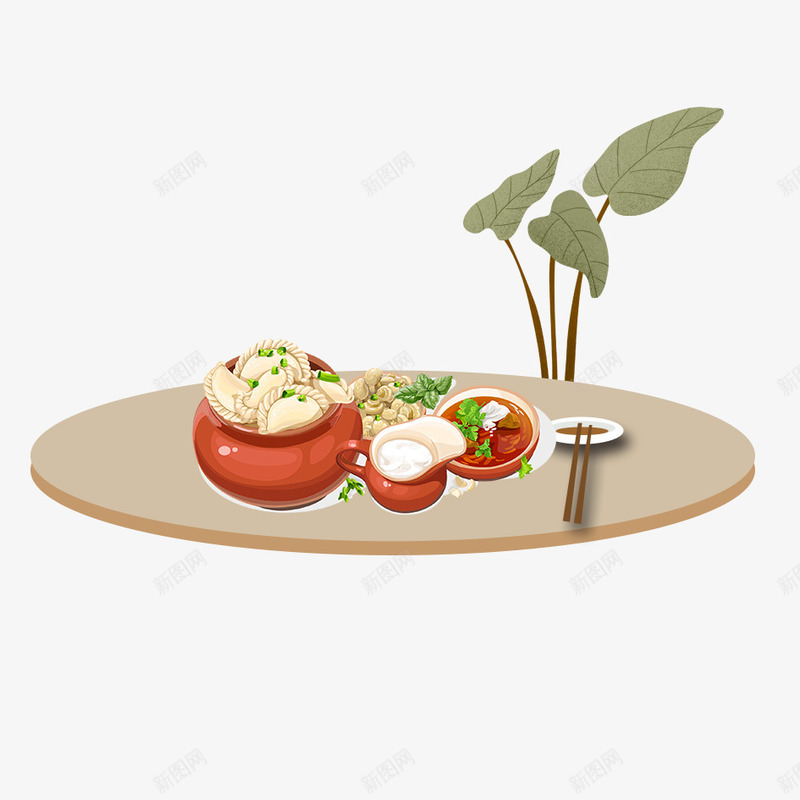 卡通美食png免抠素材_新图网 https://ixintu.com 传统美食 北方美食 圆桌 植物 盆栽 美食 食物 餐桌 饺子