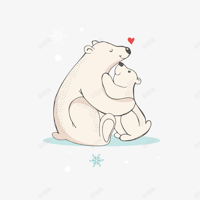 可爱爱心北极熊手绘png免抠素材_新图网 https://ixintu.com 北极熊 卡通 可爱 坐着的北极熊 妈妈和儿子手绘 手绘 母子 爱心 白色 雪花