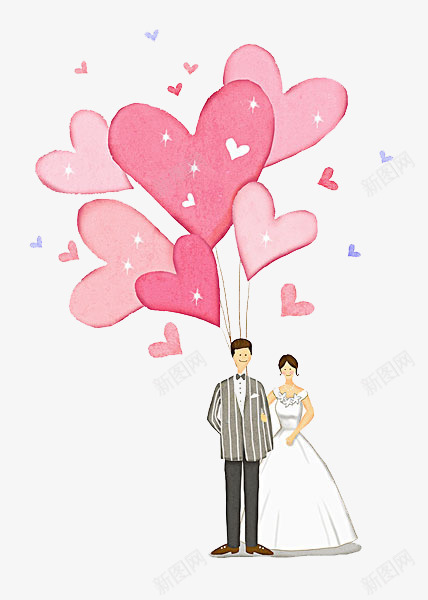 卡通结婚的男女png免抠素材_新图网 https://ixintu.com 免抠 卡通 彩色的爱心 新人 新娘 新郎 爱心气球装饰 结婚的男女