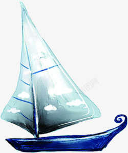 蓝色卡通帆船插画素材