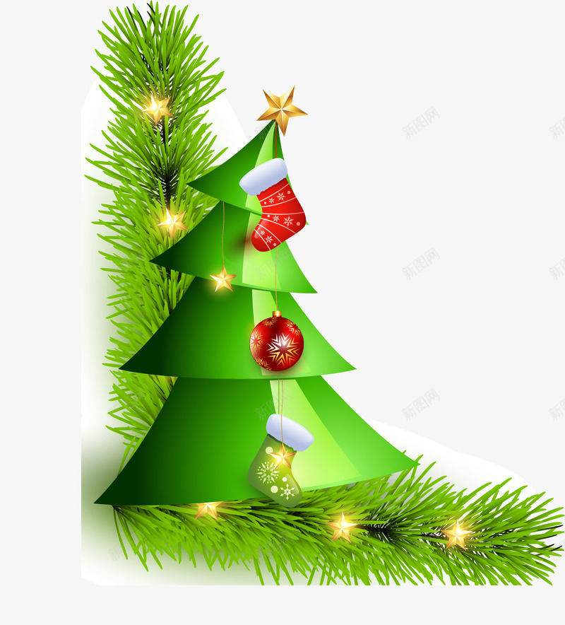 手绘圣诞树png免抠素材_新图网 https://ixintu.com 圣诞挂件 圣诞树 小灯泡 手绘 松枝 绿色 装饰