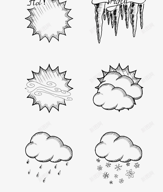 卡通線條手繪 圖標 多雲 天氣預報 小雪 手繪天氣 晴天 雨天 雷陣雨