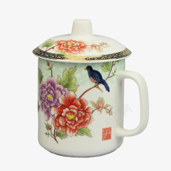 牡丹花小鸟图搪瓷缸子素材