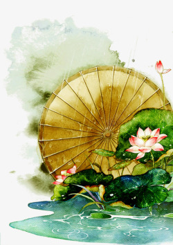 荷叶雨伞水彩风景高清图片