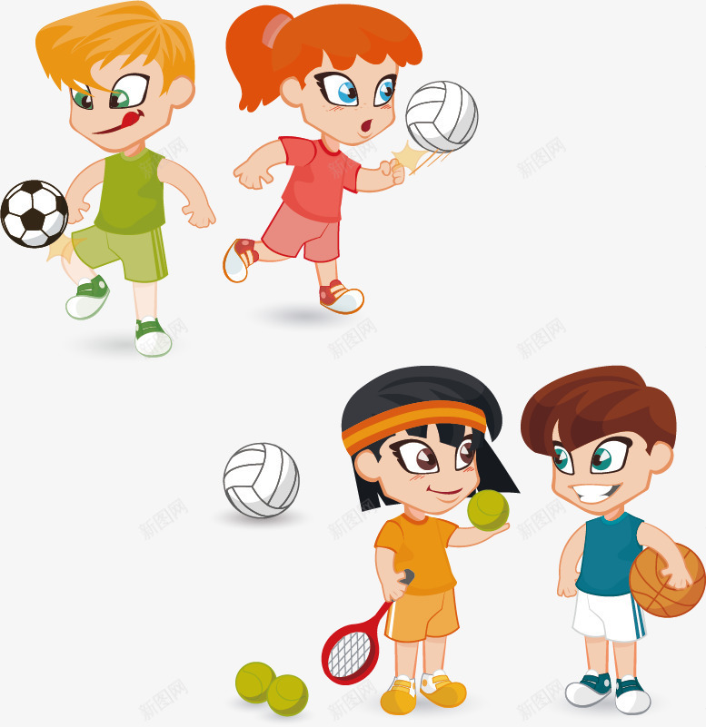 卡通儿童png免抠素材_新图网 https://ixintu.com 体育 卡通人物 卡通手绘 彩色 打篮球 打网球 排球 踢球 运动