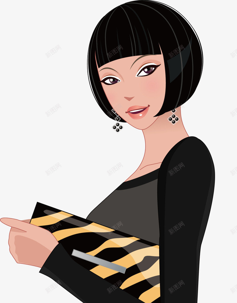 拿着包包的女郎png免抠素材_新图网 https://ixintu.com 女士 短头发 美女 黑色连衣裙