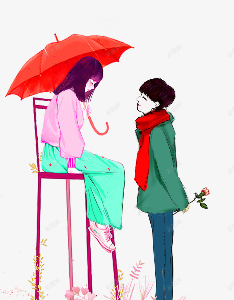 卡通情侣相会psd免抠素材_新图网 https://ixintu.com 卡通 情侣相会 椅子上的女人 站立的男人 红色的伞 花朵装饰